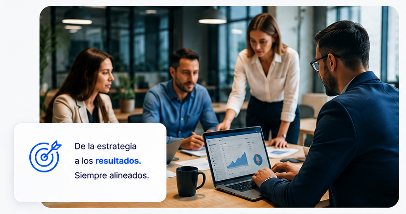 Equipo trabajando sobre estrategia, datos y resultados